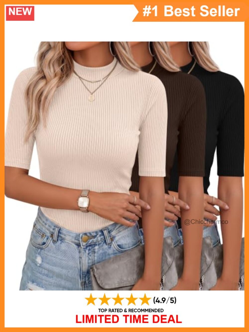 Women's Ribbed Mock Turtleneck T-Shirts 3 Pack Slim Fit Half Sleeve Tops